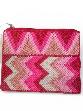 KayLee New York Handmade Seed Bead Coin Purse Pink Red Chevron Zip Pouch